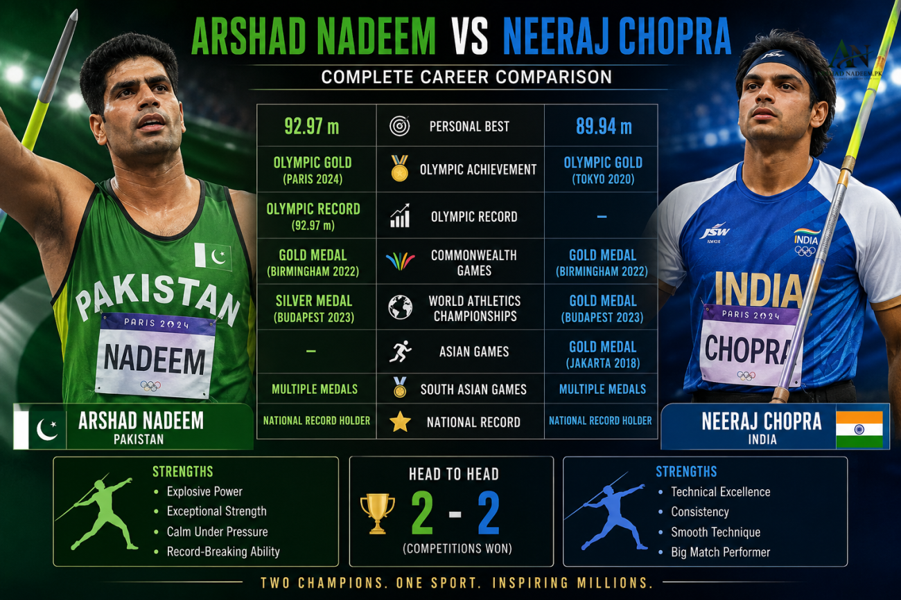 Arshad Nadeem vs Neeraj Chopra career comparison infographic featuring Olympic achievements, records, medals, and personal best javelin throws.