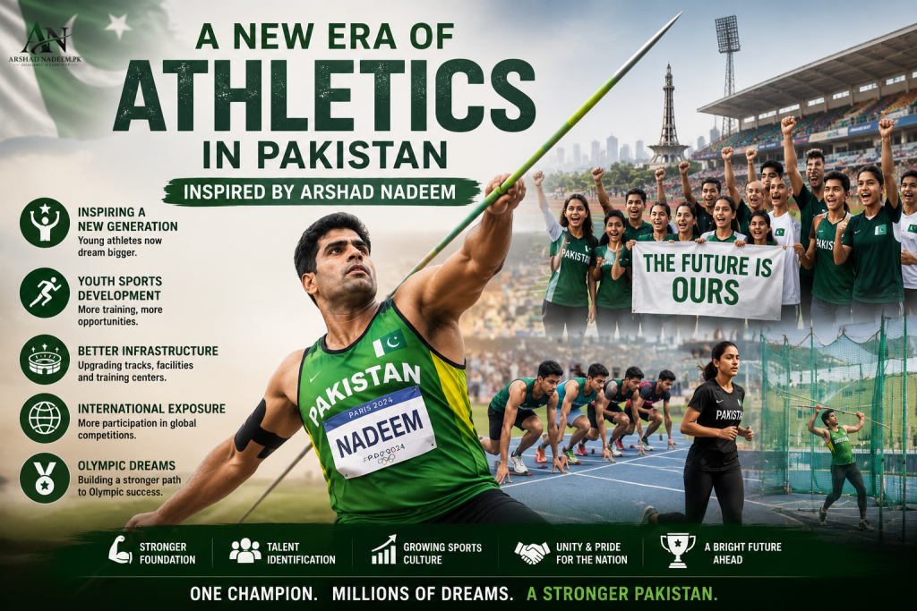 Arshad Nadeem inspiring the rise of athletics in Pakistan with young athletes training in a stadium.