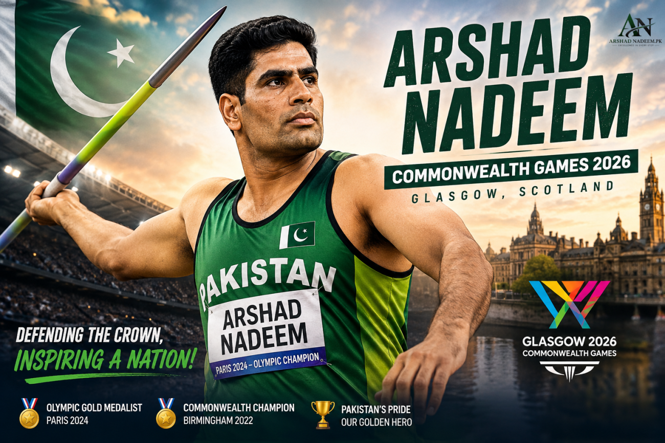 Arshad Nadeem preparing to throw the javelin while representing Pakistan at the Commonwealth Games 2026 in Glasgow as the defending champion.