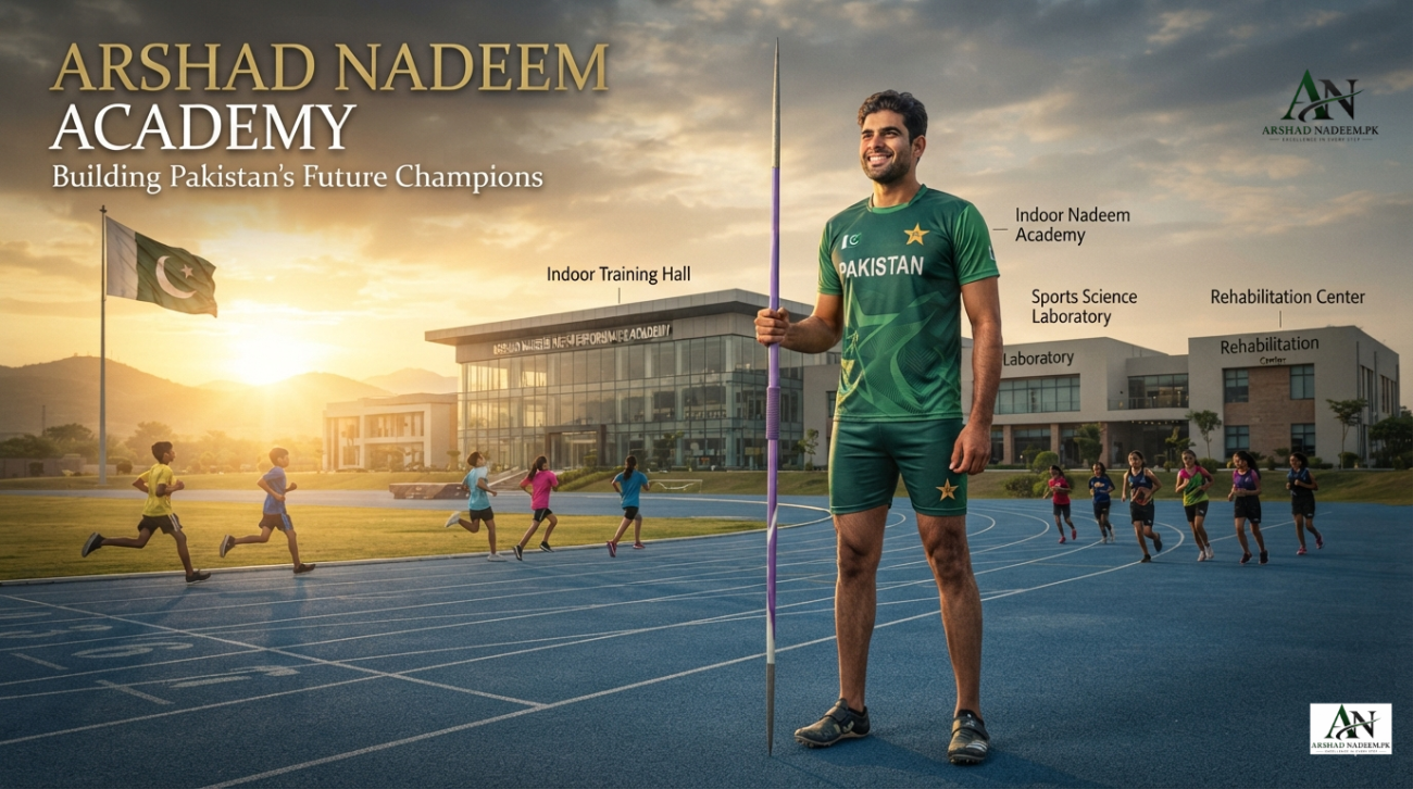 Arshad Nadeem standing in front of the proposed high-performance sports academy in Pakistan.