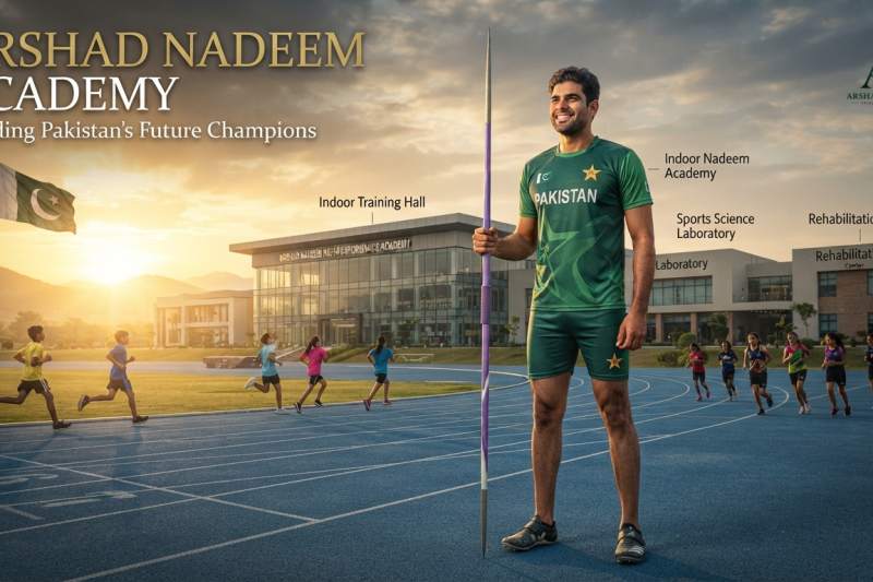 Arshad Nadeem standing in front of the proposed high-performance sports academy in Pakistan.
