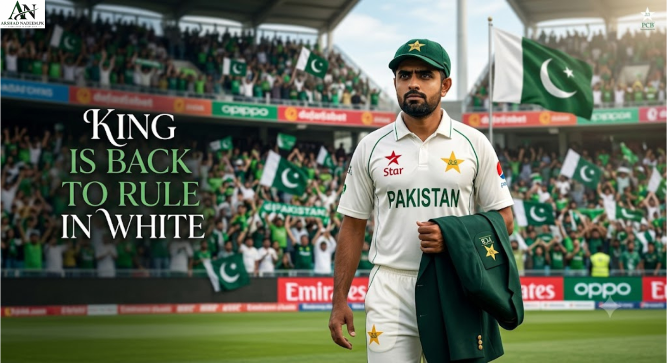 Babar Azam wearing Pakistan's white Test jersey after being appointed as the new Test captain by the Pakistan Cricket Board (PCB).