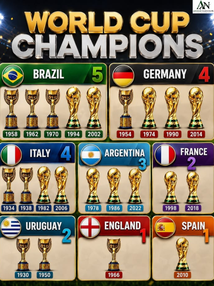 FIFA World Cup Champions trophy surrounded by the flags of Brazil, Germany, Italy, Argentina, Uruguay, France, Spain, and England in a dramatic football stadium.