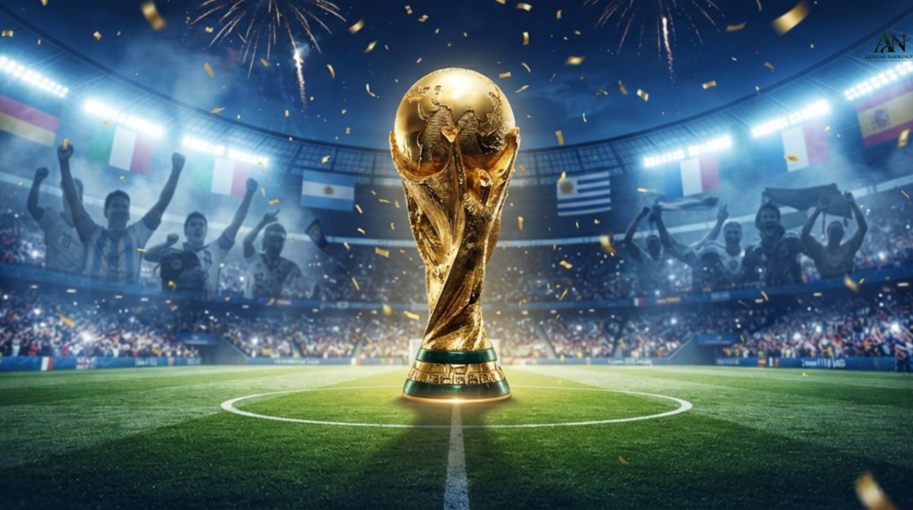 FIFA World Cup Champions trophy surrounded by the flags of Brazil, Germany, Italy, Argentina, Uruguay, France, Spain, and England in a dramatic football stadium.