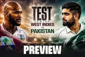 Pakistan vs West Indies Test Series 2026 featured image showing Babar Azam and Kraigg Brathwaite with the Test mace at Brian Lara Cricket Academy in Trinidad.