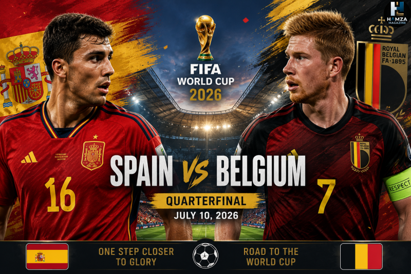 Spain and Belgium players during an intense FIFA World Cup 2026 quarterfinal face-off.